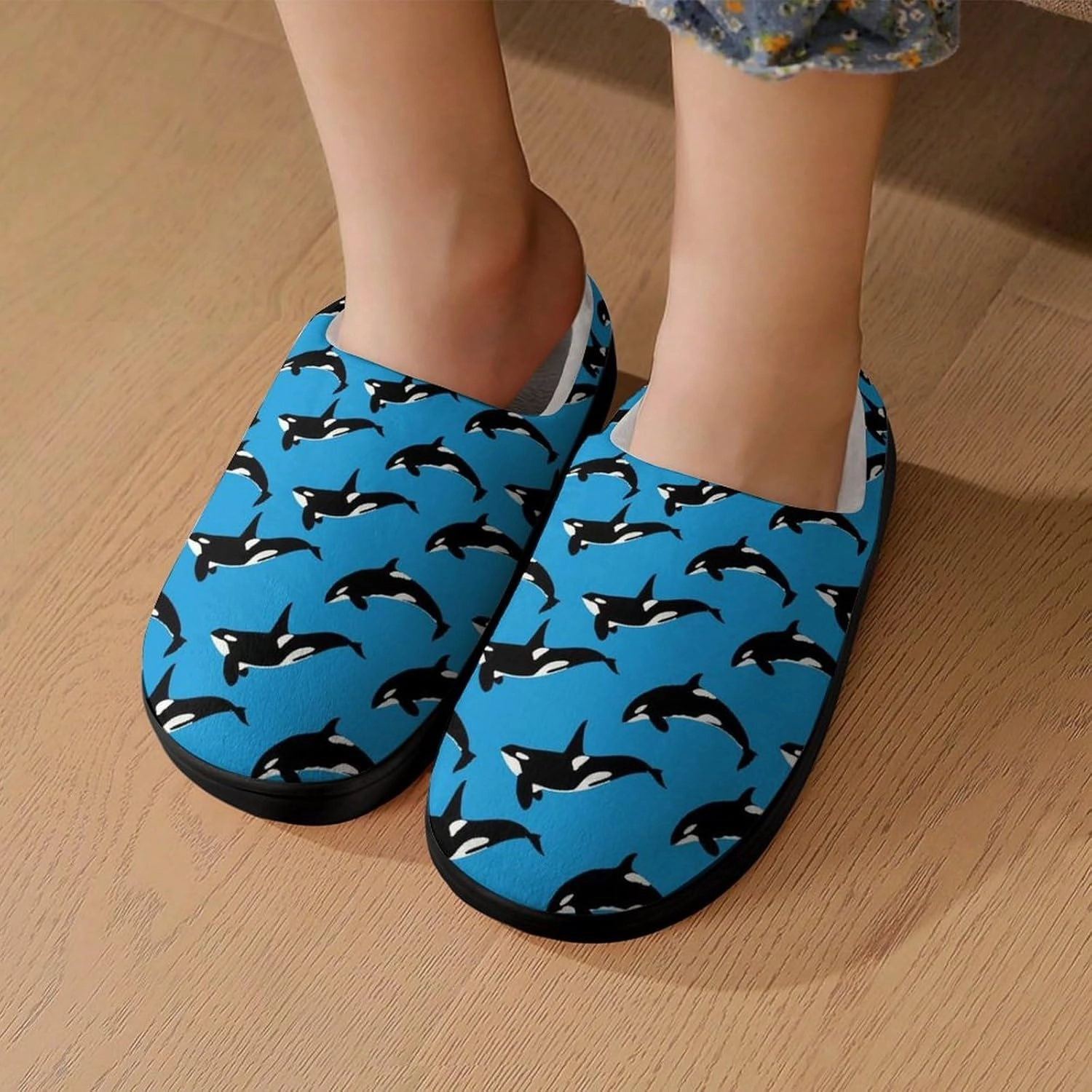 Blue Killer Whale Orca Print Slippers for Boys Girls Home Cotton Slippers Non-Slip Warm Little Kids Slippers