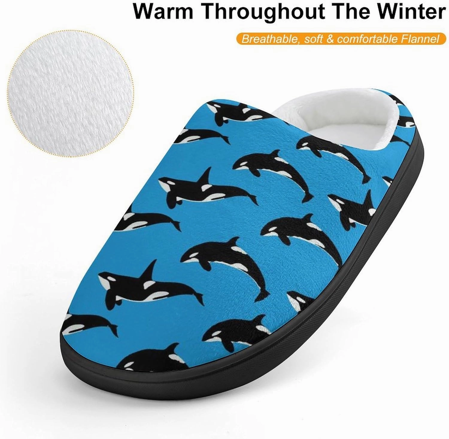 Blue Killer Whale Orca Print Slippers for Boys Girls Home Cotton Slippers Non-Slip Warm Little Kids Slippers