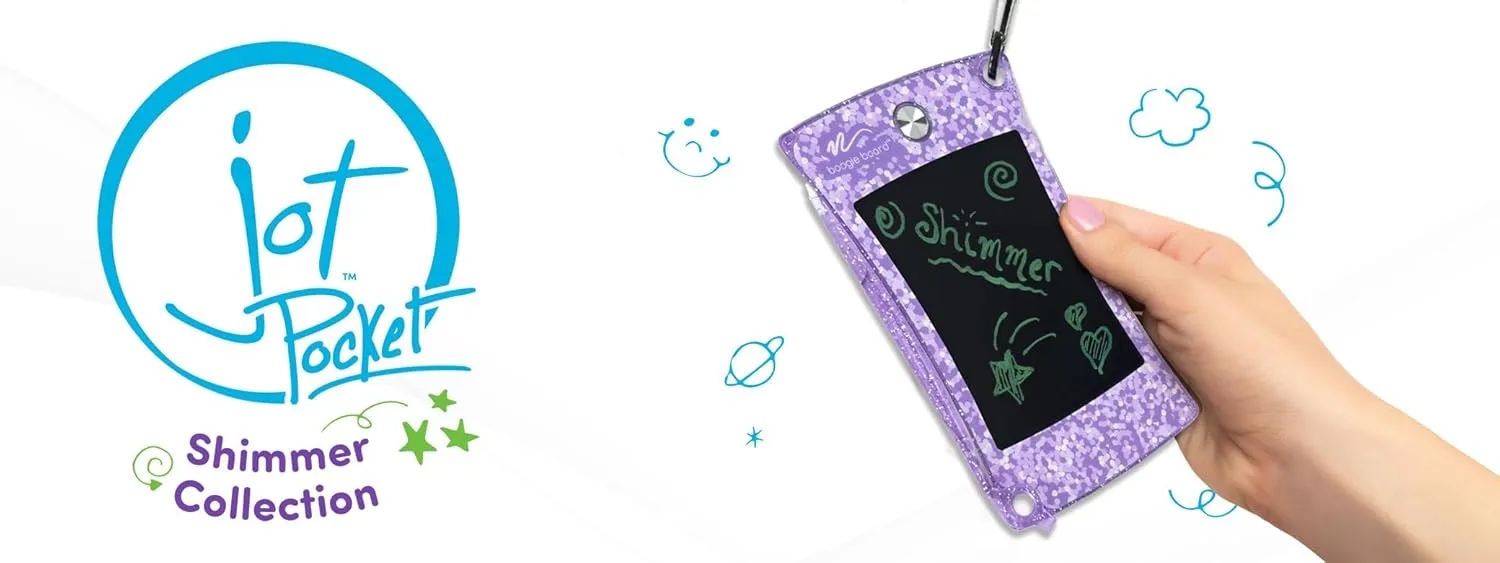 Boogie Board Jot Pocket Writing Tablet – Doodle Board Kids Travel Essentials LCD Screen Instant Erase Stylus Pen Kickstand Drawing Pad Girls Boys Educational Toy Birthday Gift Shimmer Collection, Pink