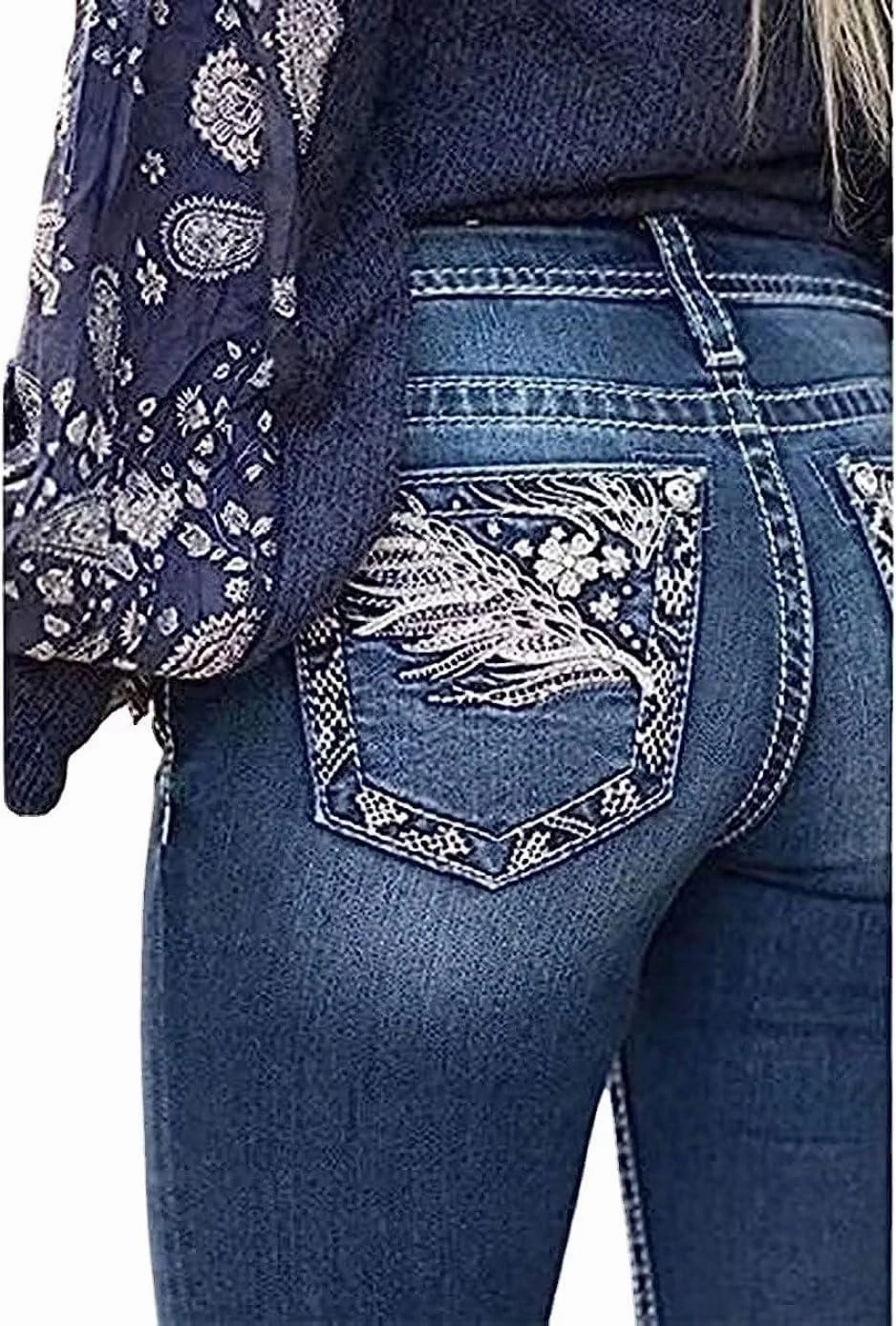 Bootcut Jeans for Women,Stretchy Feather Flower Embroidery Mid Rise Slim Straight Leg Pants Jeans
