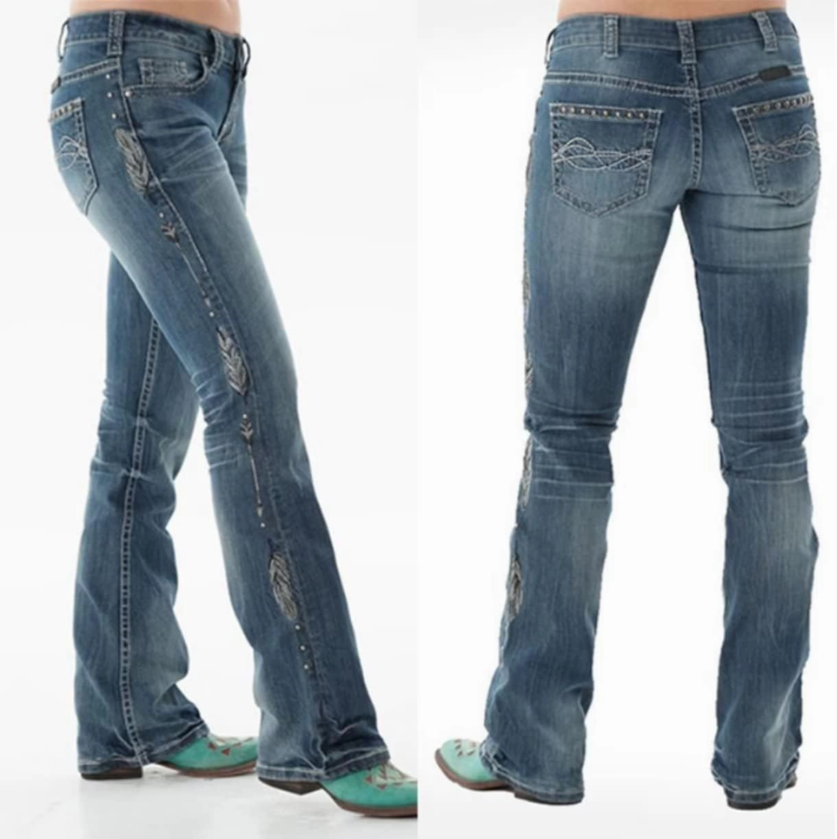 Bootcut Jeans for Women,Stretchy Feather Flower Embroidery Mid Rise Slim Straight Leg Pants Jeans