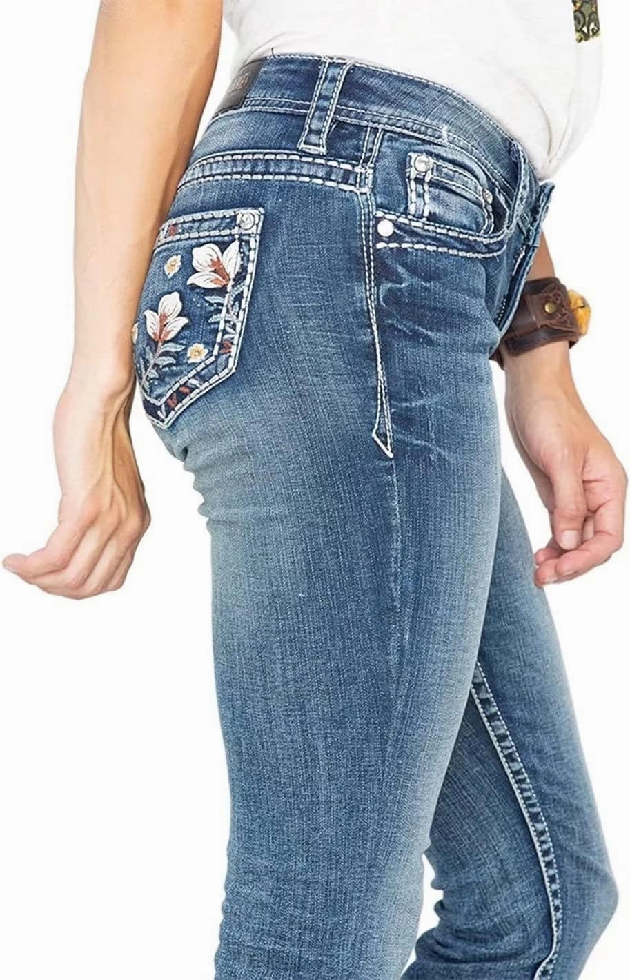 Bootcut Jeans for Women,Stretchy Feather Flower Embroidery Mid Rise Slim Straight Leg Pants Jeans