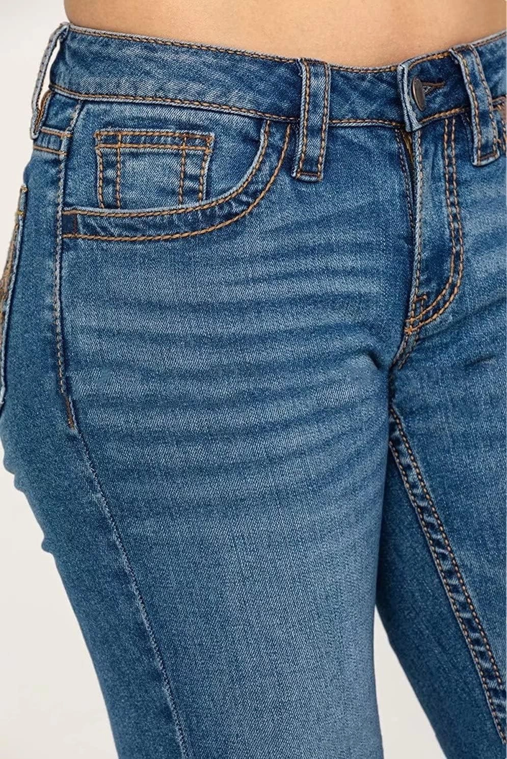 Bootcut Jeans for Women,Stretchy Feather Flower Embroidery Mid Rise Slim Straight Leg Pants Jeans