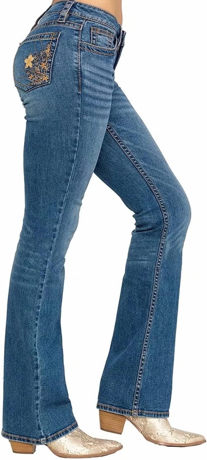 Bootcut Jeans for Women,Stretchy Feather Flower Embroidery Mid Rise Slim Straight Leg Pants Jeans