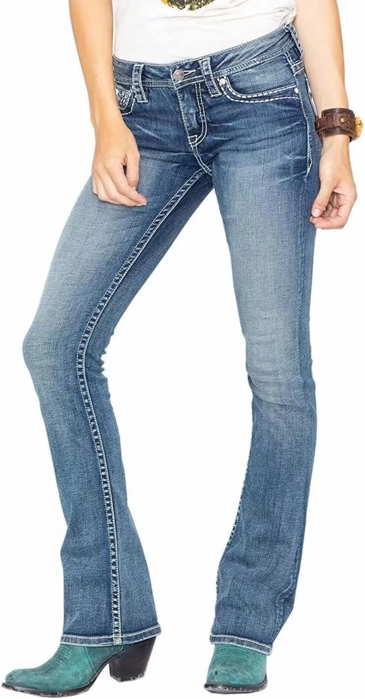 Bootcut Jeans for Women,Stretchy Feather Flower Embroidery Mid Rise Slim Straight Leg Pants Jeans
