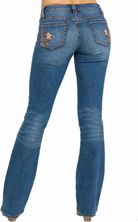 Bootcut Jeans for Women,Stretchy Feather Flower Embroidery Mid Rise Slim Straight Leg Pants Jeans