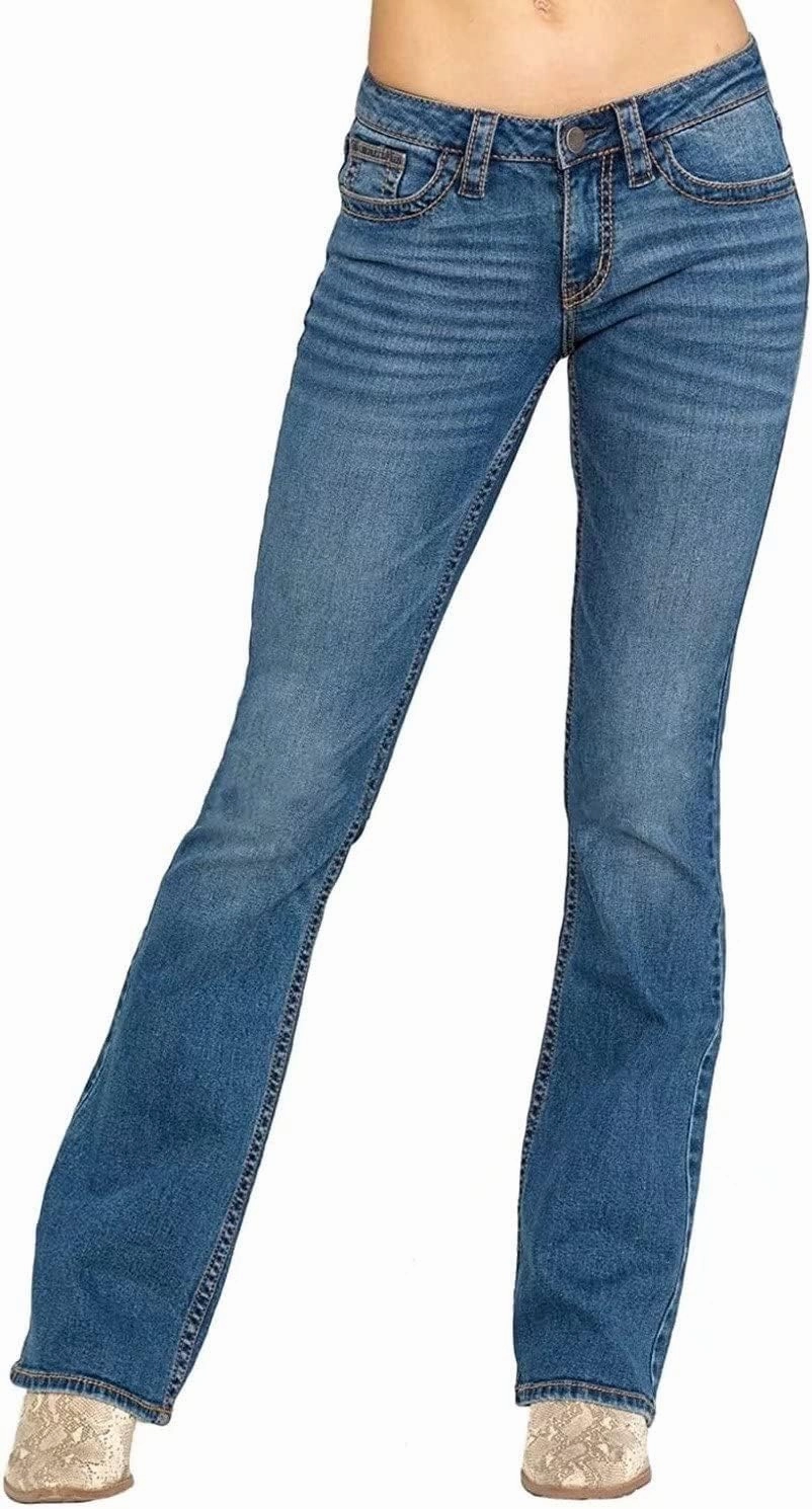 Bootcut Jeans for Women,Stretchy Feather Flower Embroidery Mid Rise Slim Straight Leg Pants Jeans