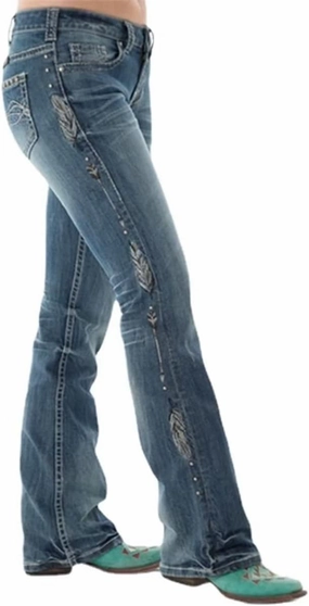 Bootcut Jeans for Women,Stretchy Feather Flower Embroidery Mid Rise Slim Straight Leg Pants Jeans