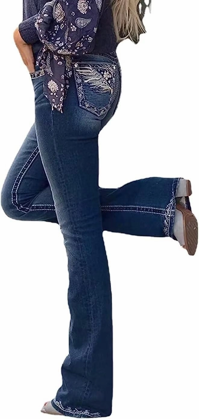 Bootcut Jeans for Women,Stretchy Feather Flower Embroidery Mid Rise Slim Straight Leg Pants Jeans