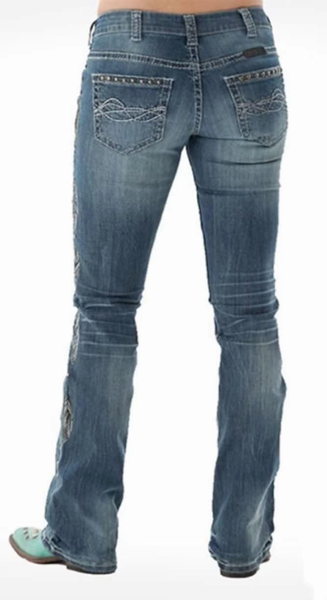 Bootcut Jeans for Women,Stretchy Feather Flower Embroidery Mid Rise Slim Straight Leg Pants Jeans