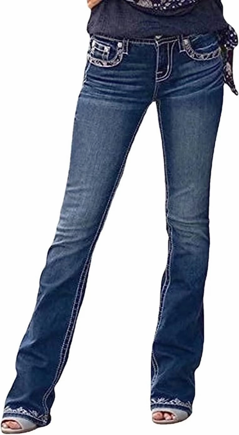 Bootcut Jeans for Women,Stretchy Feather Flower Embroidery Mid Rise Slim Straight Leg Pants Jeans