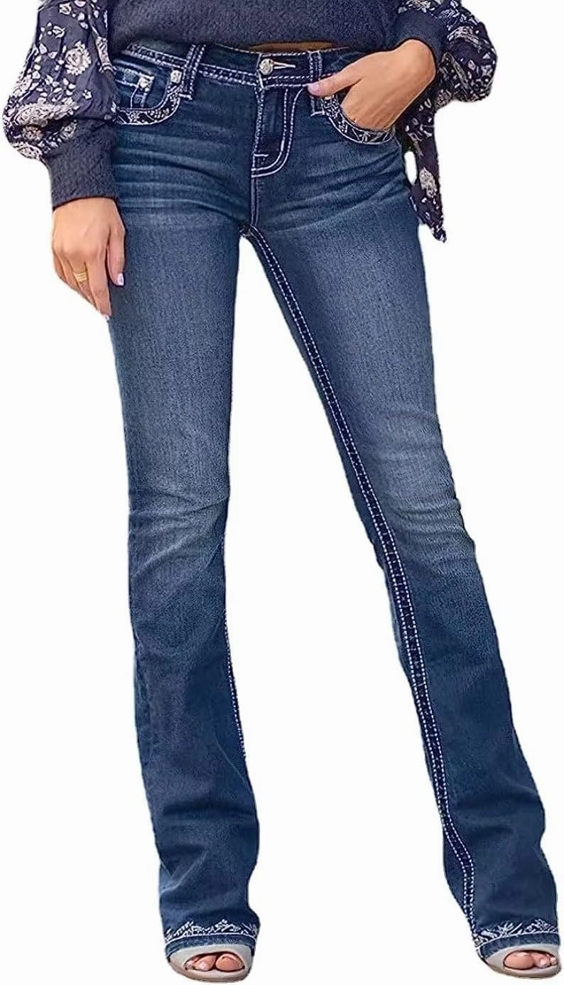 Bootcut Jeans for Women,Stretchy Feather Flower Embroidery Mid Rise Slim Straight Leg Pants Jeans