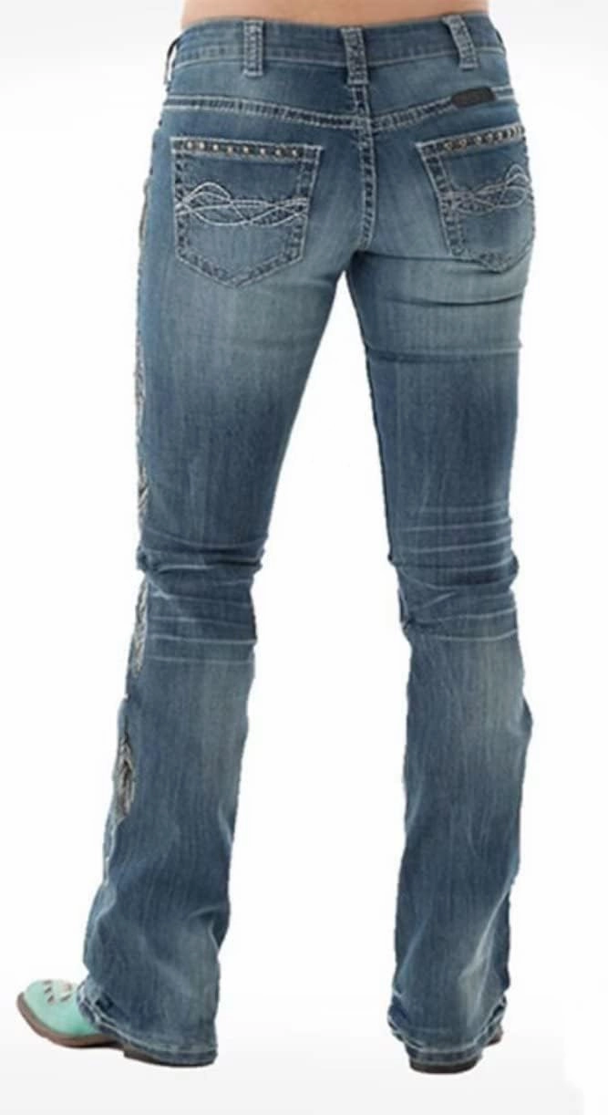 Bootcut Jeans for Women,Stretchy Feather Flower Embroidery Mid Rise Slim Straight Leg Pants Jeans
