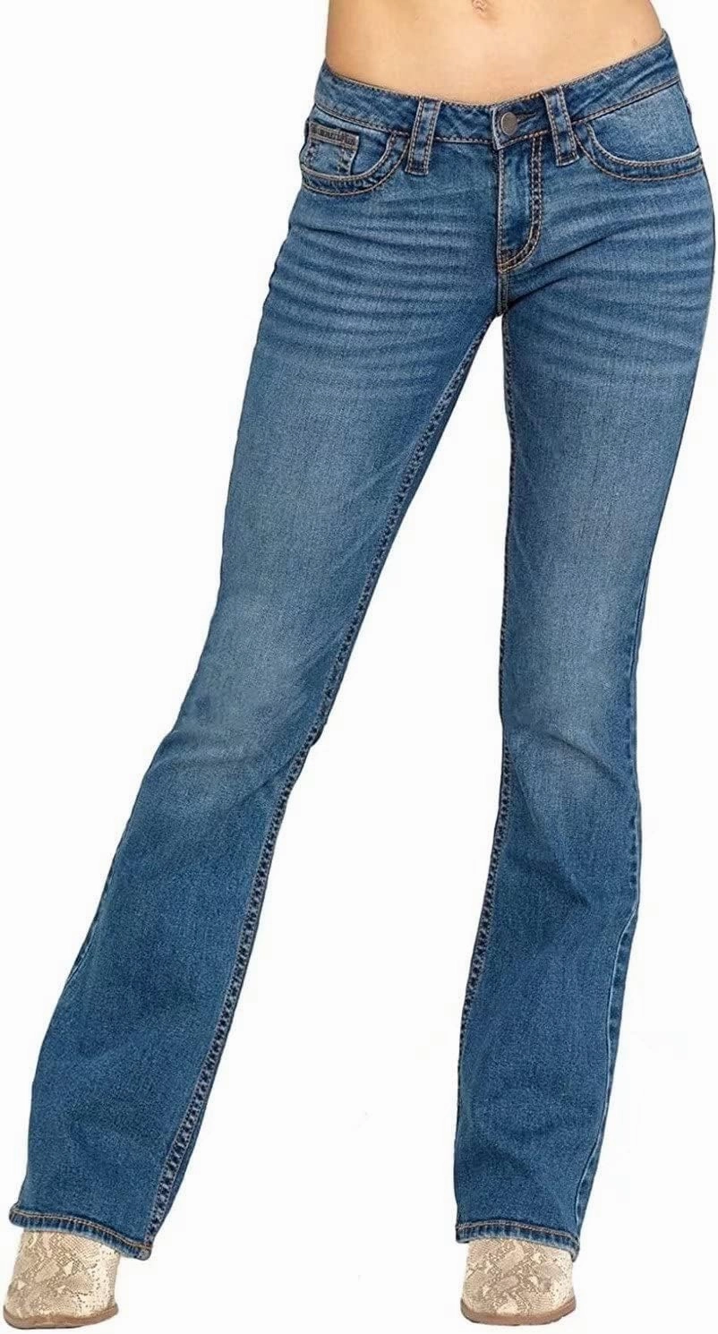 Bootcut Jeans for Women,Stretchy Feather Flower Embroidery Mid Rise Slim Straight Leg Pants Jeans