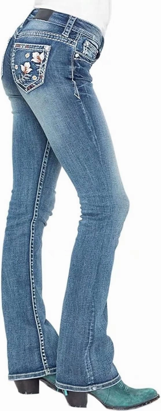 Bootcut Jeans for Women,Stretchy Feather Flower Embroidery Mid Rise Slim Straight Leg Pants Jeans