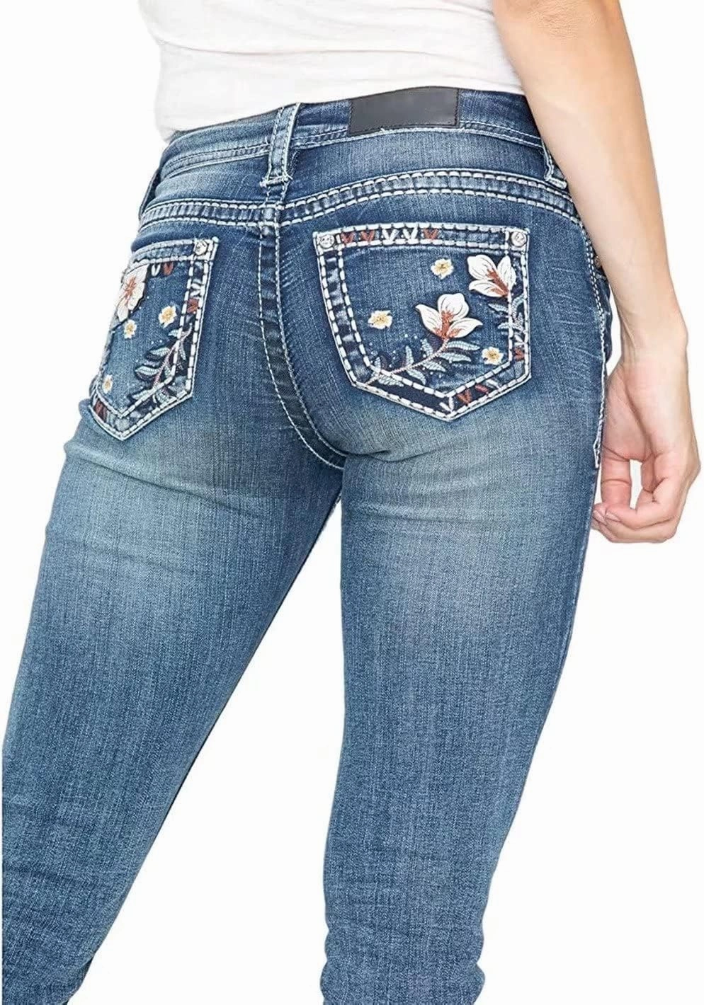 Bootcut Jeans for Women,Stretchy Feather Flower Embroidery Mid Rise Slim Straight Leg Pants Jeans