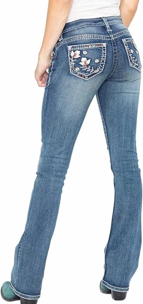 Bootcut Jeans for Women,Stretchy Feather Flower Embroidery Mid Rise Slim Straight Leg Pants Jeans