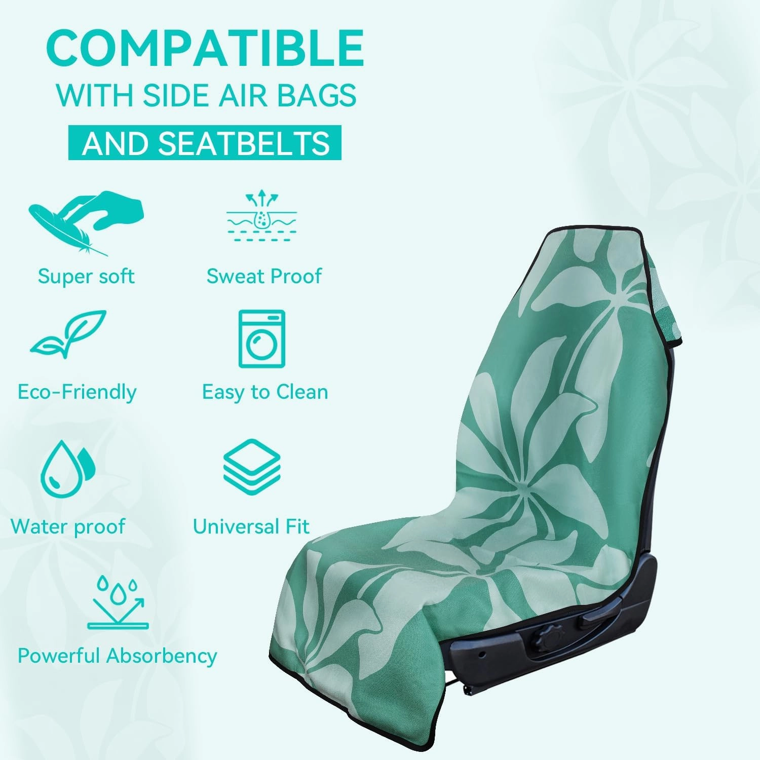 Booty Barrier - Highly Water-Resistant Washable Car Seat Cover for Post-Workout and Kids - Soft, Absorbent, Eco-Friendly Fabric Made from Recycled Water Bottles (Mint Blossom)