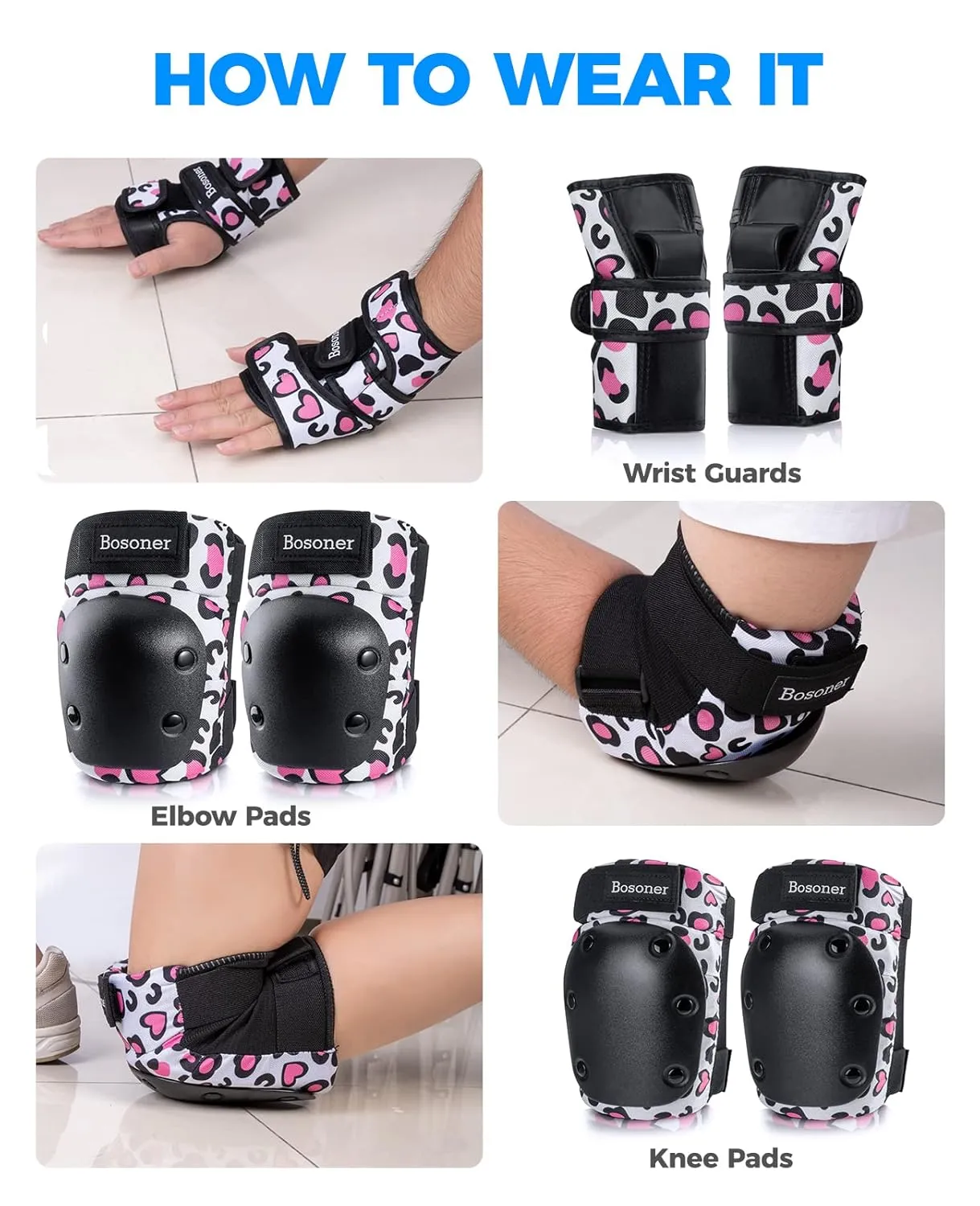 BOSONER Kids Knee and Elbow Pads, Knee And Elbow Pads for Children, Toddler Skateboard Pad for Roller Skates Cycling BMX Bike 6 In 1 Protective Gear Set for Biking Skates Skating