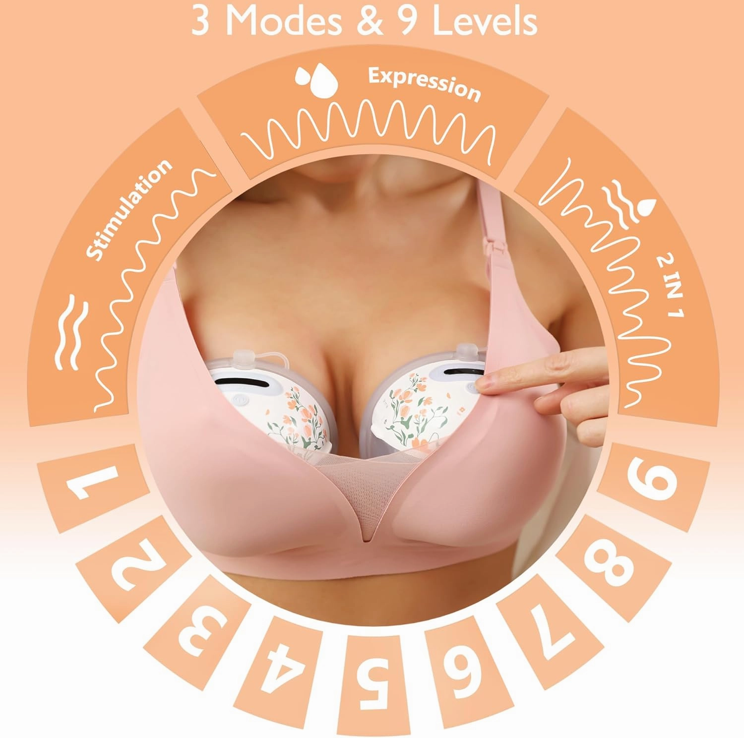Breast Pump Hands-Free F6: Wearable Breastfeeding Pumps App Control with 3 Modes & 9 Levels Independent Breastmilk Storage Upgraded- 24/21/19/17/15mm Double-Sealed Silicone Cushion Insert Floral