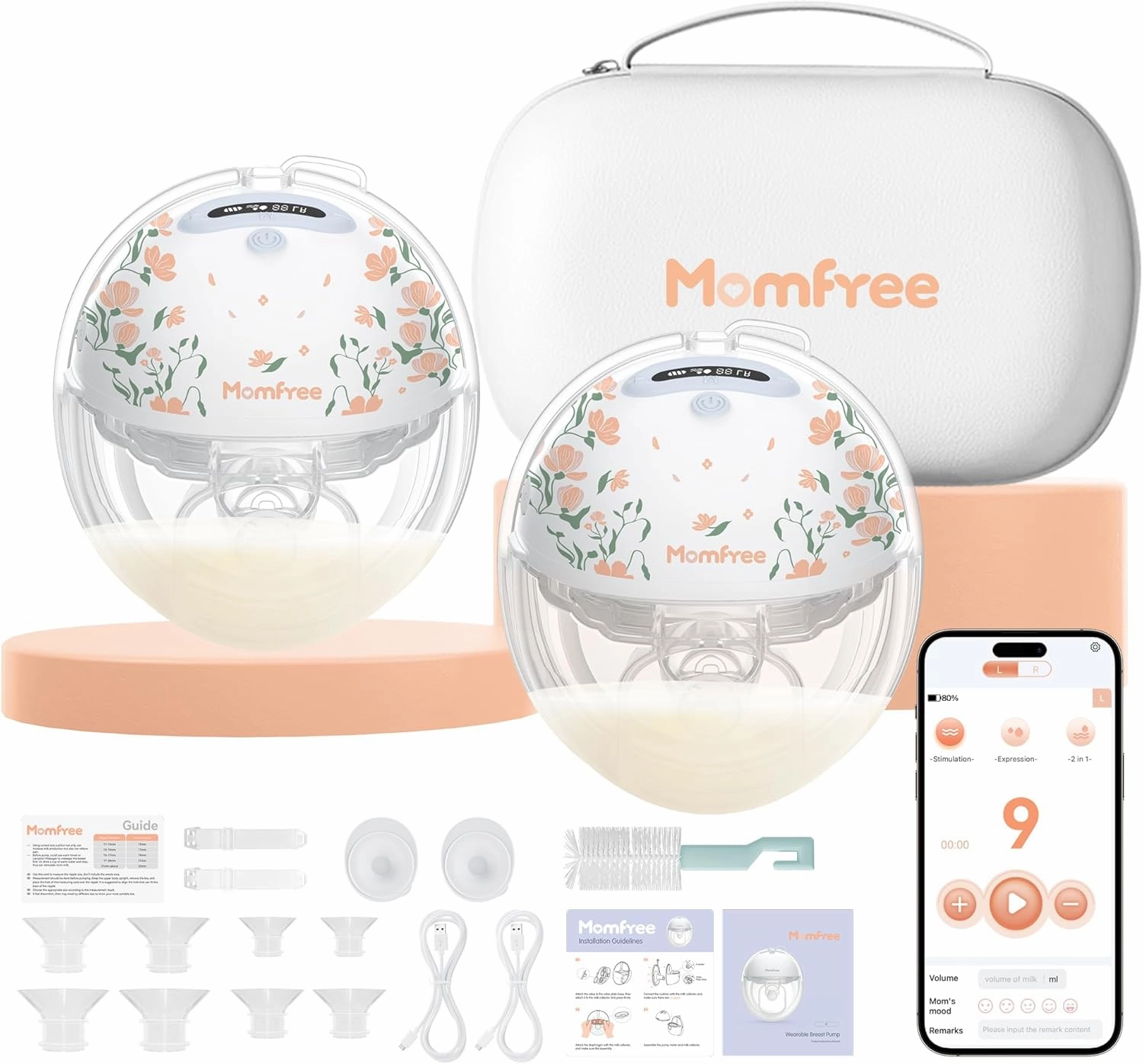 Breast Pump Hands-Free F6: Wearable Breastfeeding Pumps App Control with 3 Modes & 9 Levels Independent Breastmilk Storage Upgraded- 24/21/19/17/15mm Double-Sealed Silicone Cushion Insert Floral