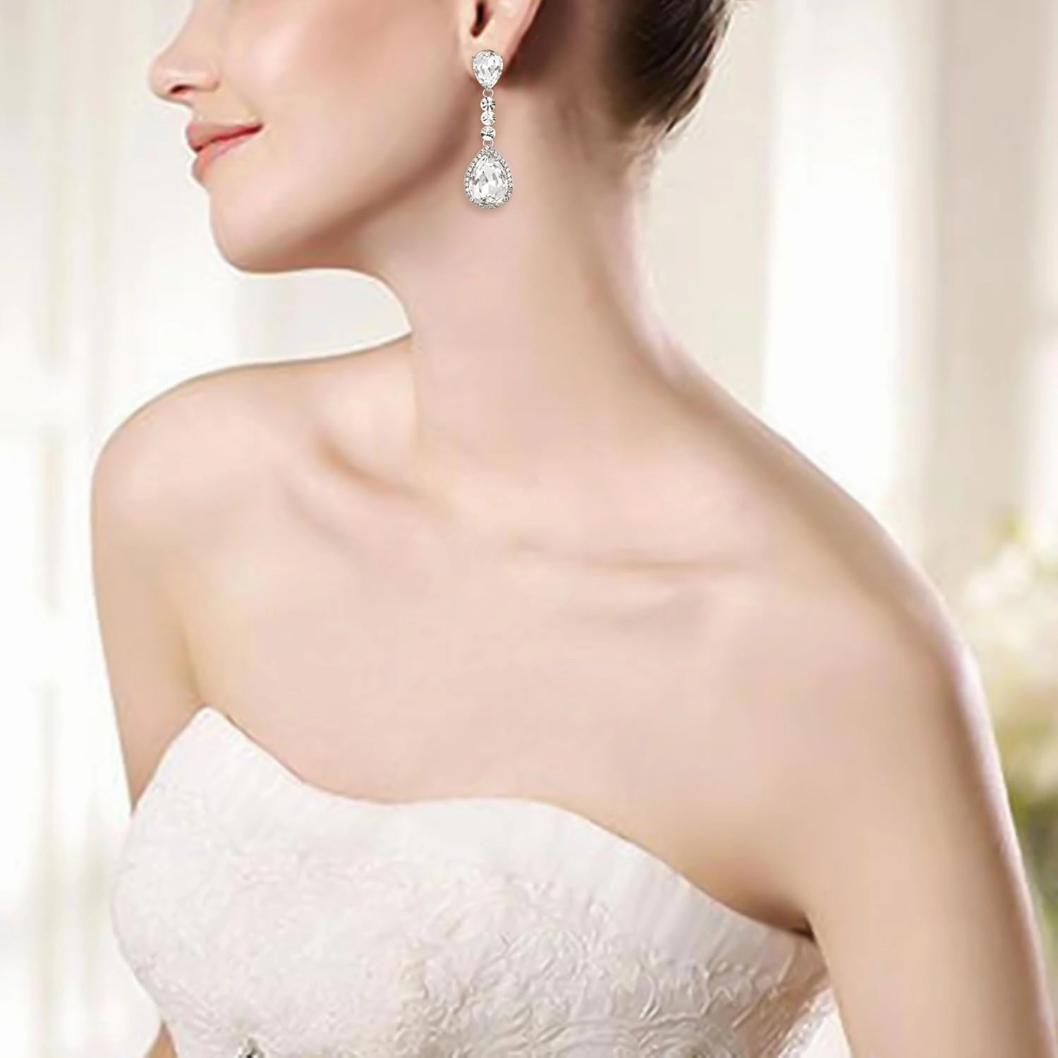 BriLove Women's Wedding Bridal Crystal Teardrop Infinity Figure 8 Chandelier Dangle Clip-On Earrings