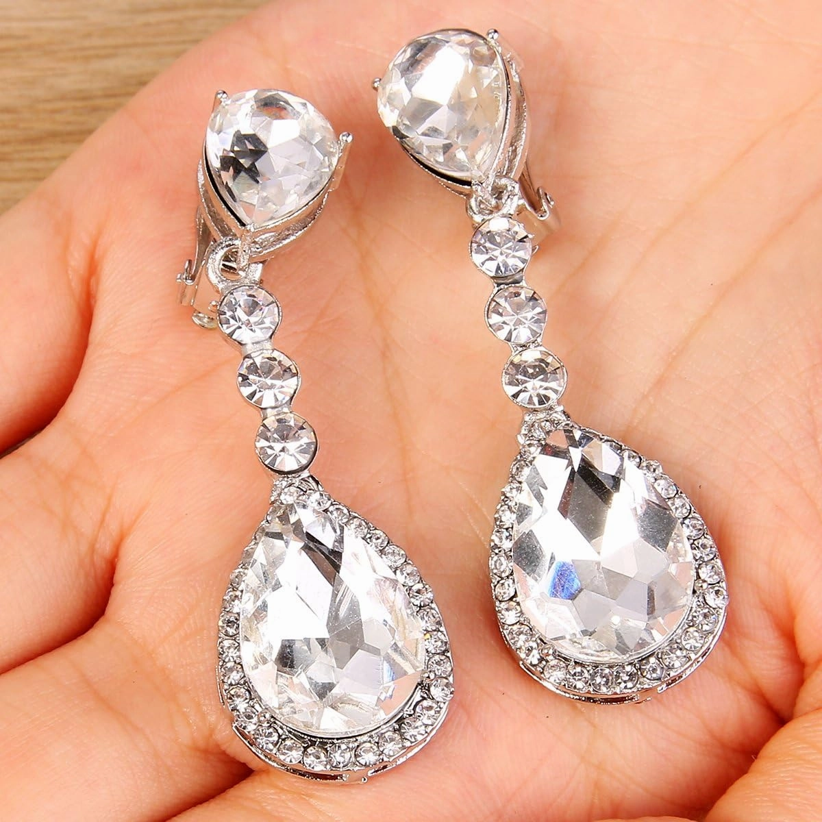 BriLove Women's Wedding Bridal Crystal Teardrop Infinity Figure 8 Chandelier Dangle Clip-On Earrings