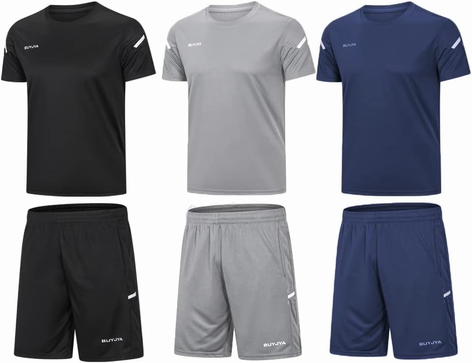 BUYJYA Men's Workout Clothes Athletic Shorts Shirt Set 3 Pack Basketball Football Training Running Gym Christmas gifts