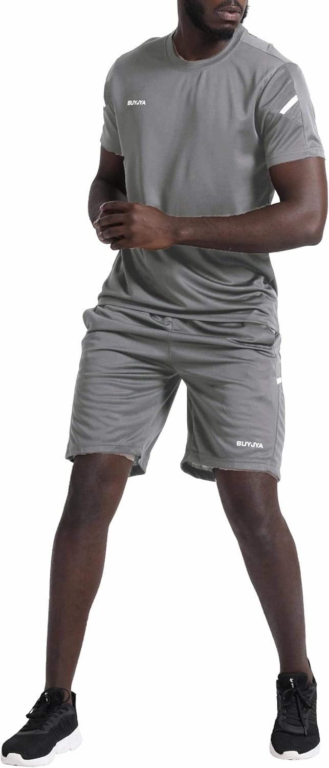 BUYJYA Men's Workout Clothes Athletic Shorts Shirt Set 3 Pack Basketball Football Training Running Gym Christmas gifts