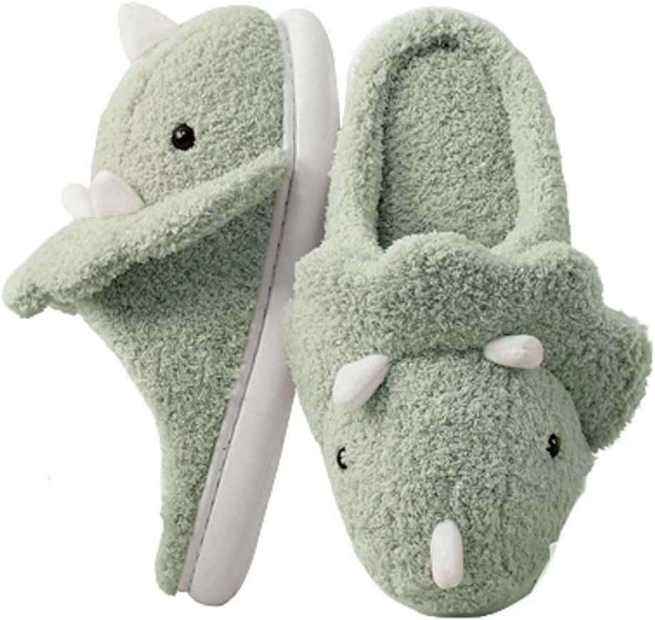 Caistre Adult Unisex Animal Slippers - Warm Plush Dinosaur Design Home Shoes - Funny Triceratops Non-Slip Bedroom Slippers
