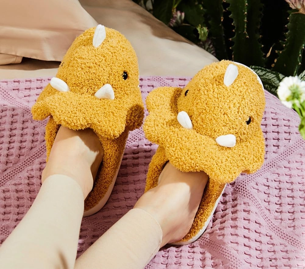 Caistre Adult Unisex Animal Slippers - Warm Plush Dinosaur Design Home Shoes - Funny Triceratops Non-Slip Bedroom Slippers