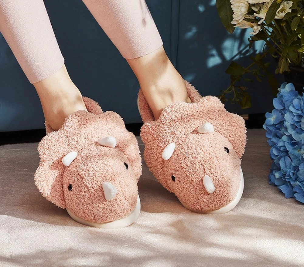 Caistre Adult Unisex Animal Slippers - Warm Plush Dinosaur Design Home Shoes - Funny Triceratops Non-Slip Bedroom Slippers