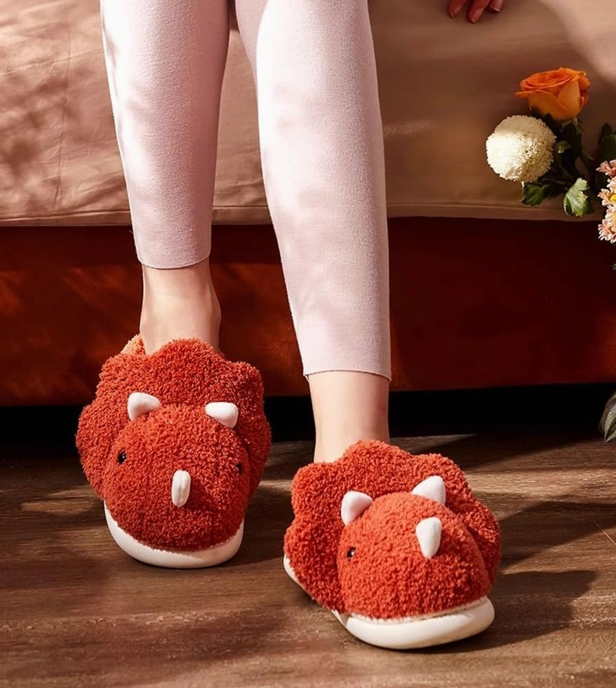 Caistre Adult Unisex Animal Slippers - Warm Plush Dinosaur Design Home Shoes - Funny Triceratops Non-Slip Bedroom Slippers