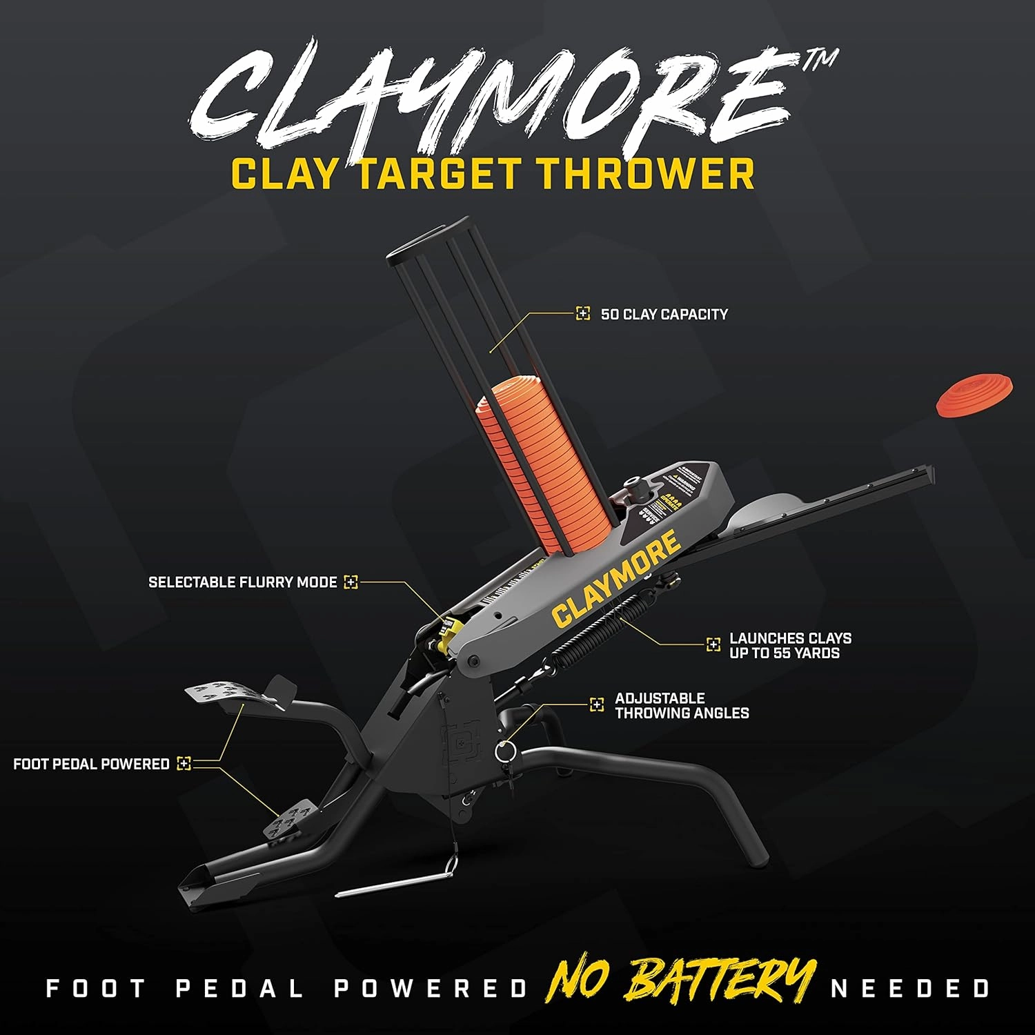 Caldwell Claymore Target Thrower 50 Clay Capacity, 55 Yd Throw with Foot Pedal for Single Person Use - No Electricity Needed for Clay Throwing, Hunting, Shooting Sports