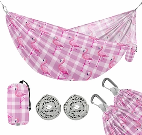 Camping Hammock Outdoor Hammocks for Outside Pink Flamingo Checked Beach Trees Portable Lightweight with Pockets Tree Straps Indoor
