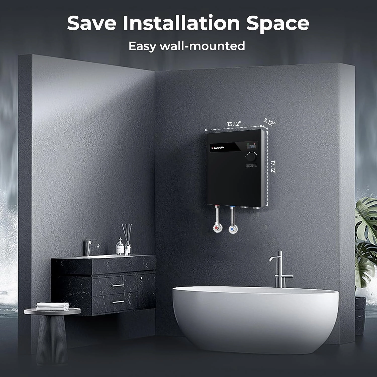 CAMPLUX Tankless Electric Water Heater 18kW, On Demand Hot Water Heater Electric with Digital Display 240V for Whole House Shower, Black