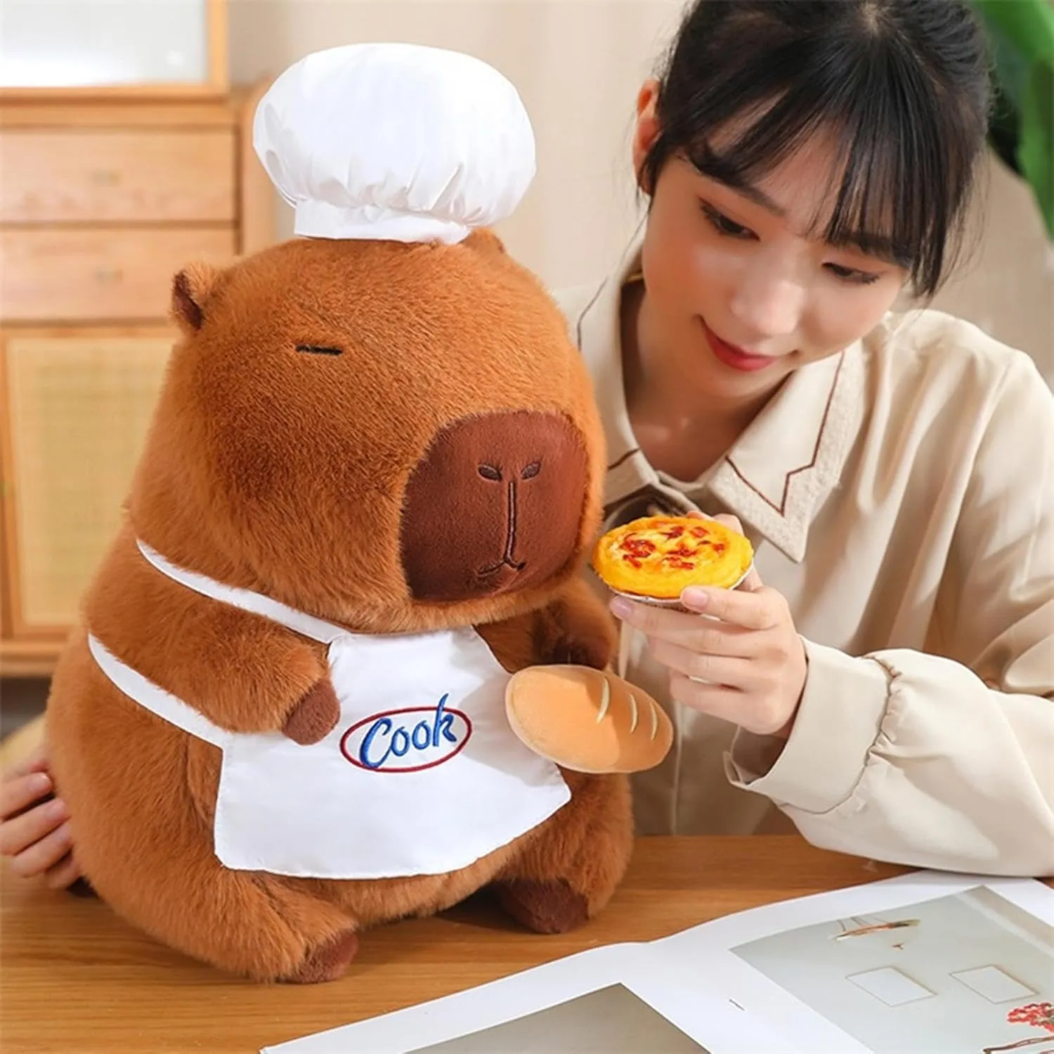Capybara Plush with Cooking Chef Hat Baguette 9.8 inch Cute Bread Capibara Stuffed Animal Ultra Ultra Soft Plushies Toys Kawaii Gifts for Kids Brown