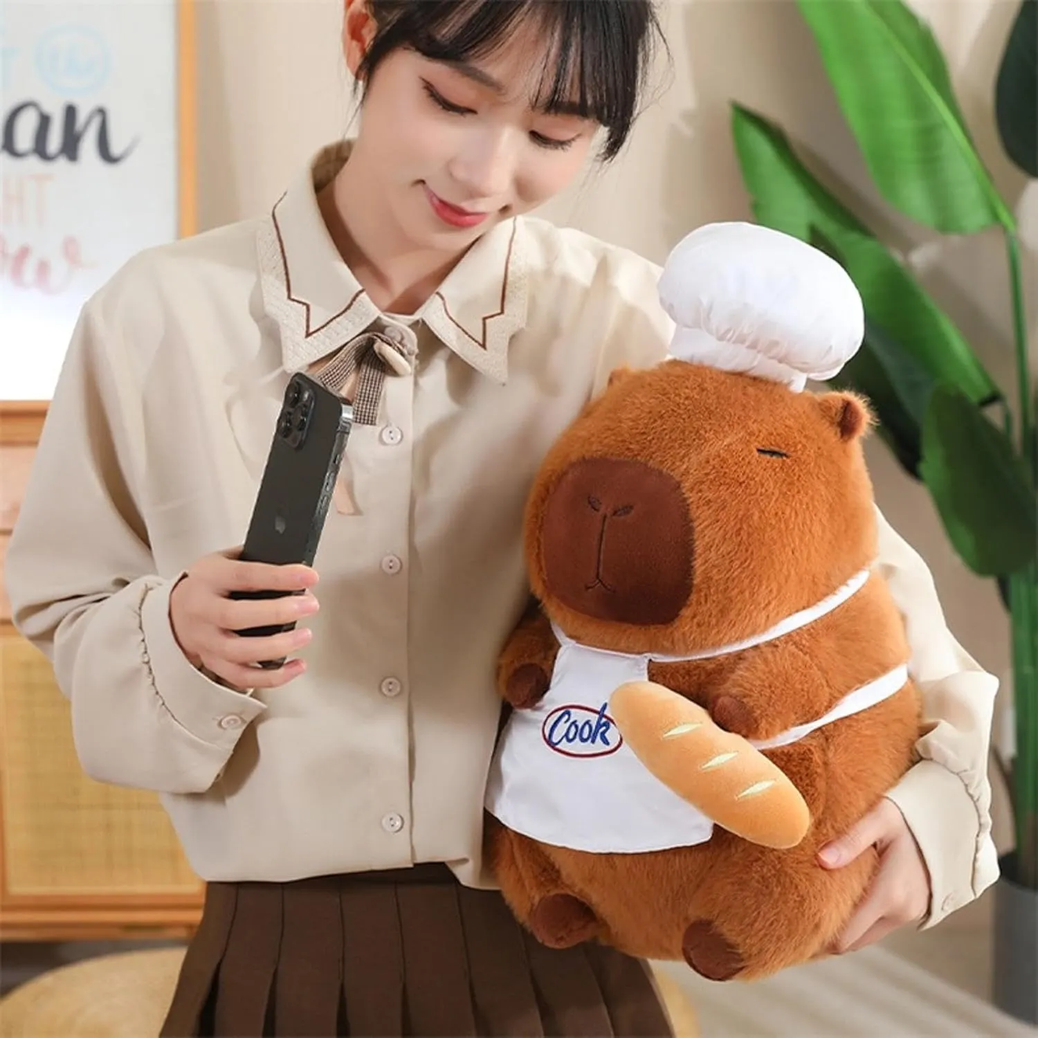 Capybara Plush with Cooking Chef Hat Baguette 9.8 inch Cute Bread Capibara Stuffed Animal Ultra Ultra Soft Plushies Toys Kawaii Gifts for Kids Brown