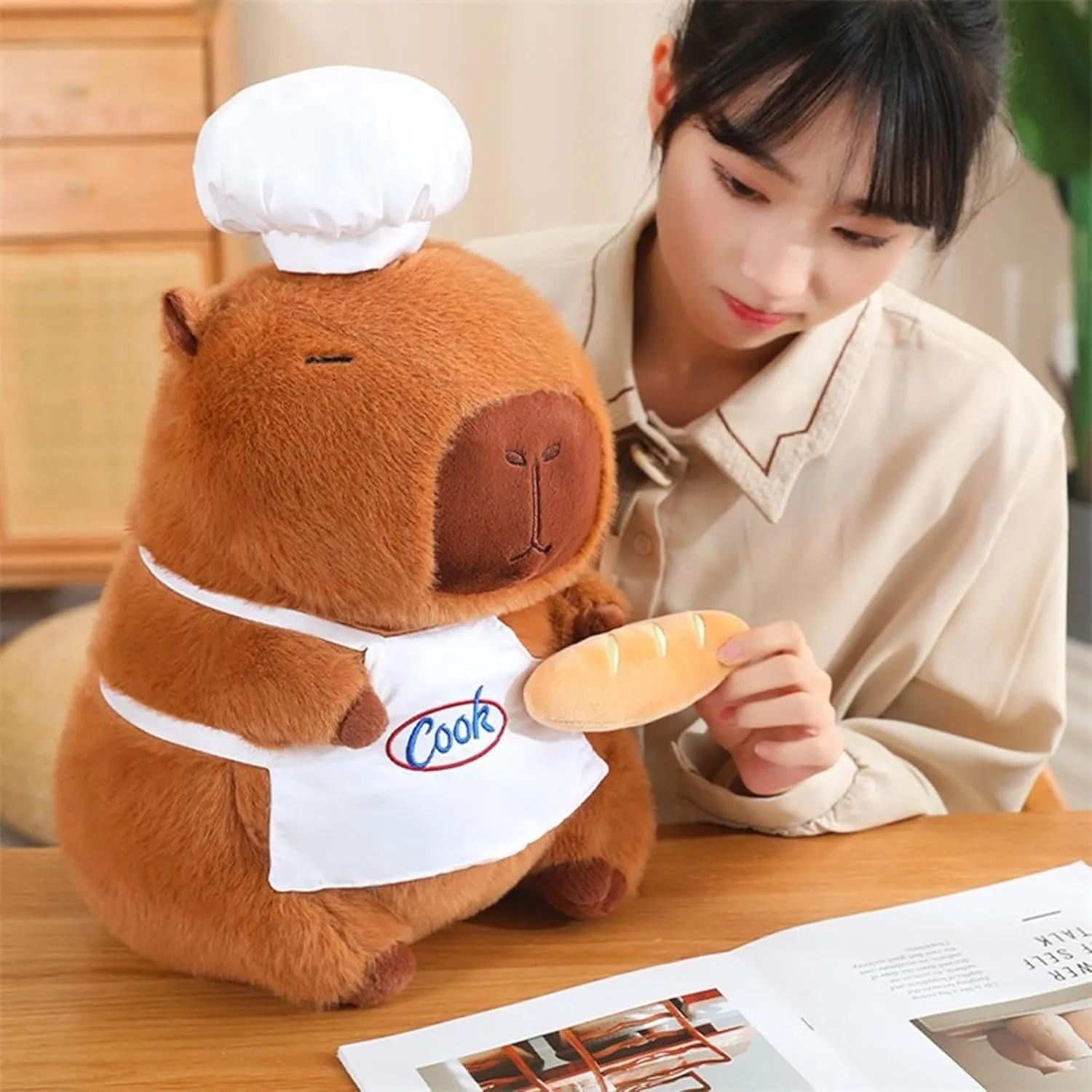 Capybara Plush with Cooking Chef Hat Baguette 9.8 inch Cute Bread Capibara Stuffed Animal Ultra Ultra Soft Plushies Toys Kawaii Gifts for Kids Brown
