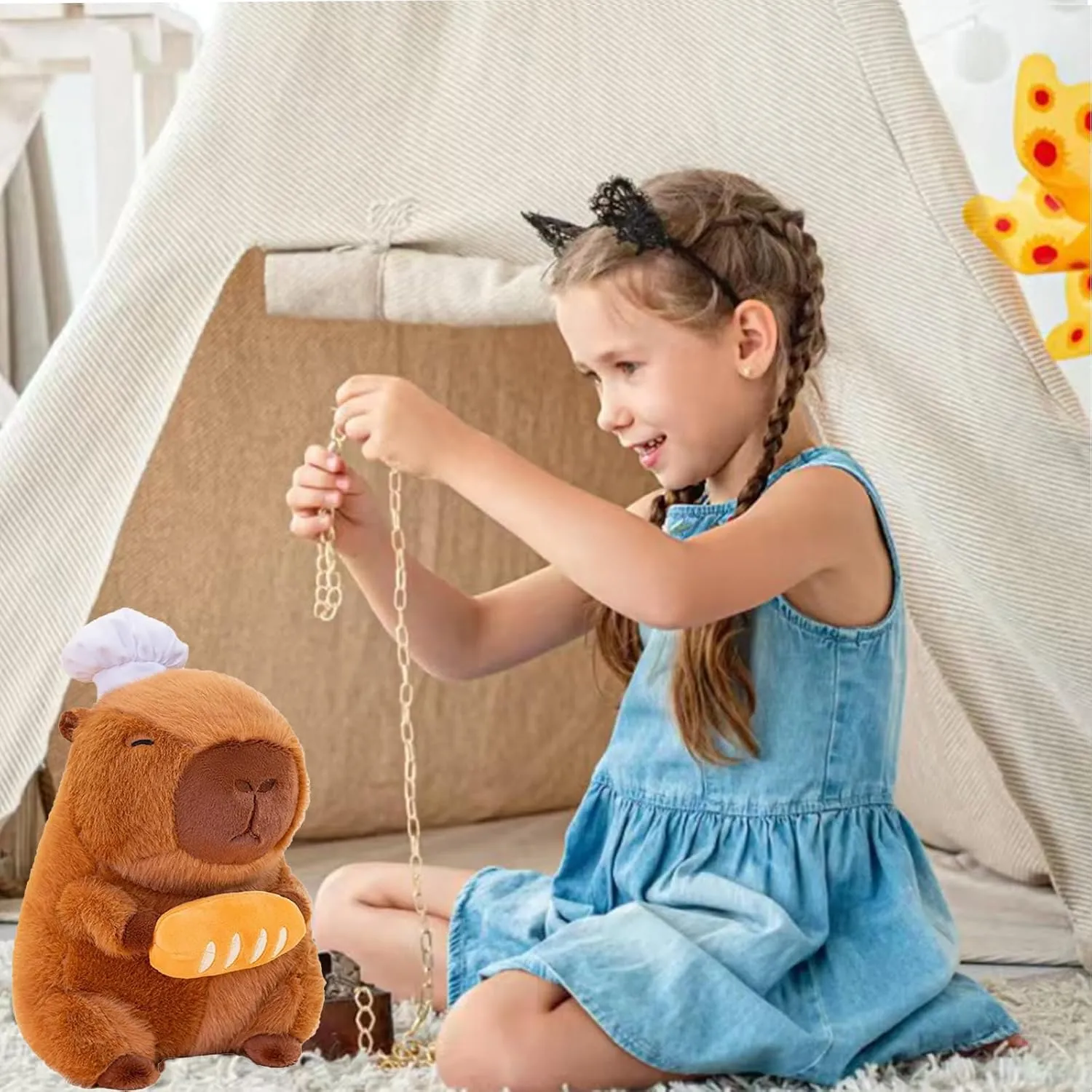 Capybara Plush with Cooking Chef Hat Holding Baguette 9.8 inch Cute Bread Capibara Stuffed Animal Ultra Soft Plushies Toys Kawaii Gifts for Kids Brown