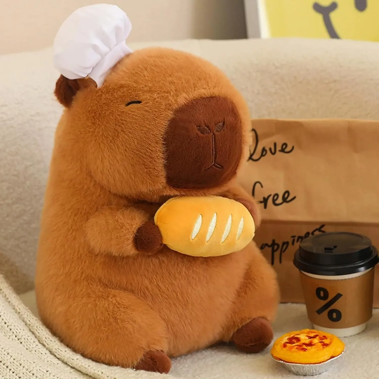 Capybara Plush with Cooking Chef Hat Holding Baguette 9.8 inch Cute Bread Capibara Stuffed Animal Ultra Soft Plushies Toys Kawaii Gifts for Kids Brown