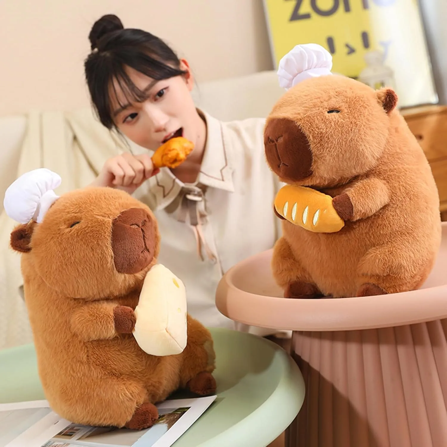 Capybara Plush with Cooking Chef Hat Holding Baguette 9.8 inch Cute Bread Capibara Stuffed Animal Ultra Soft Plushies Toys Kawaii Gifts for Kids Brown
