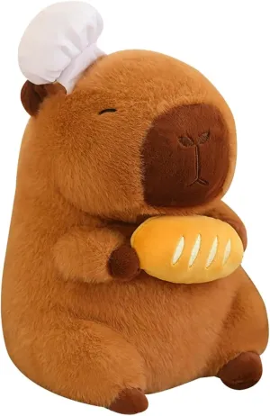 Capybara Plush with Cooking Chef Hat Holding Baguette 9.8 inch Cute Bread Capibara Stuffed Animal Ultra Soft Plushies Toys Kawaii Gifts for Kids Brown
