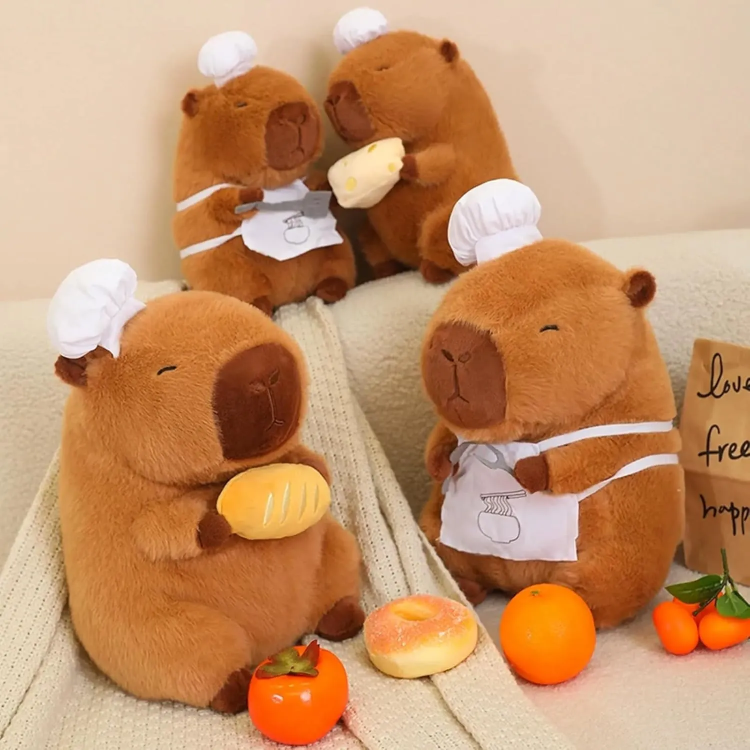 Capybara Plush with Cooking Chef Hat Holding Baguette 9.8 inch Cute Bread Capibara Stuffed Animal Ultra Soft Plushies Toys Kawaii Gifts for Kids Brown