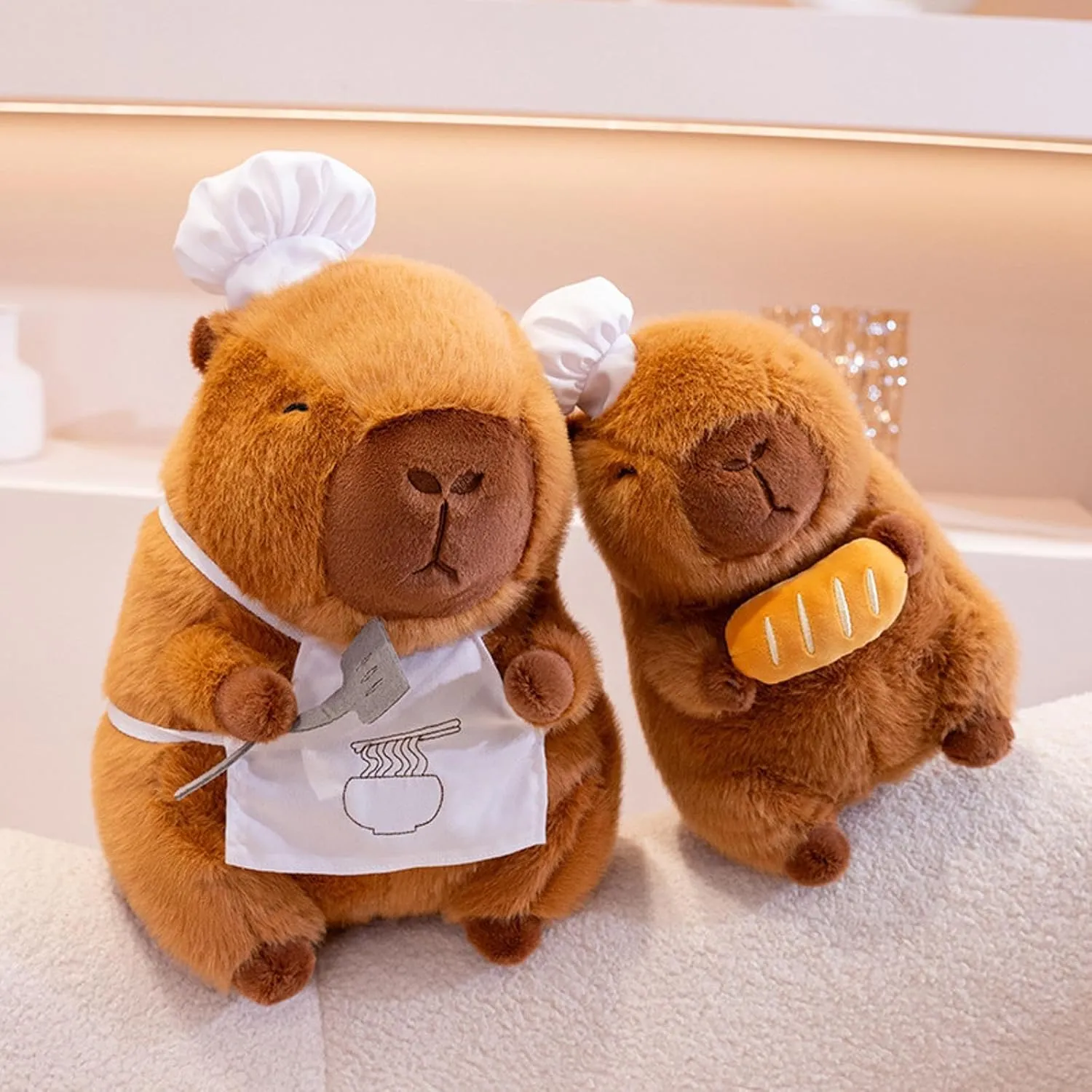 Capybara Plush with Cooking Chef Hat Holding Baguette 9.8 inch Cute Bread Capibara Stuffed Animal Ultra Soft Plushies Toys Kawaii Gifts for Kids Brown
