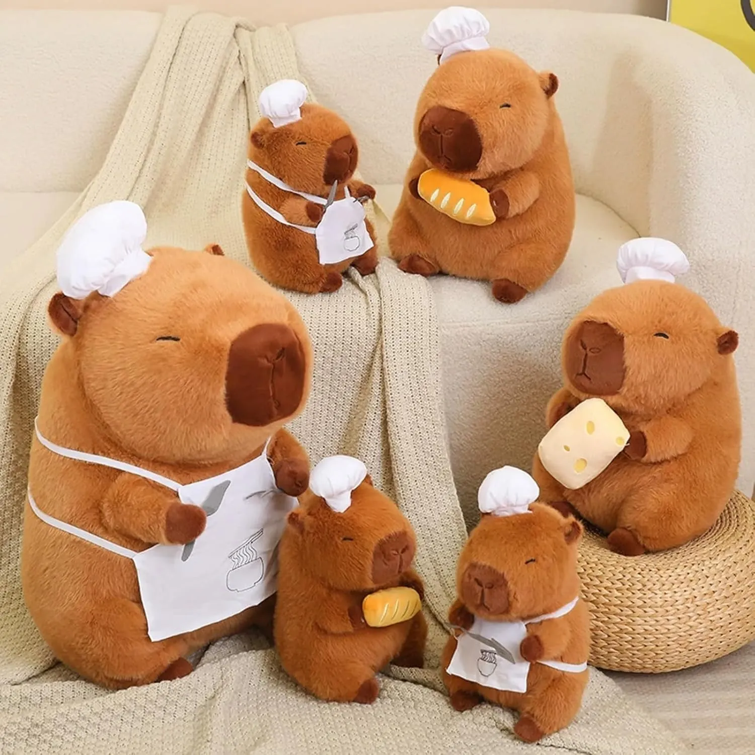 Capybara Plush with Cooking Chef Hat Holding Baguette 9.8 inch Cute Bread Capibara Stuffed Animal Ultra Soft Plushies Toys Kawaii Gifts for Kids Brown