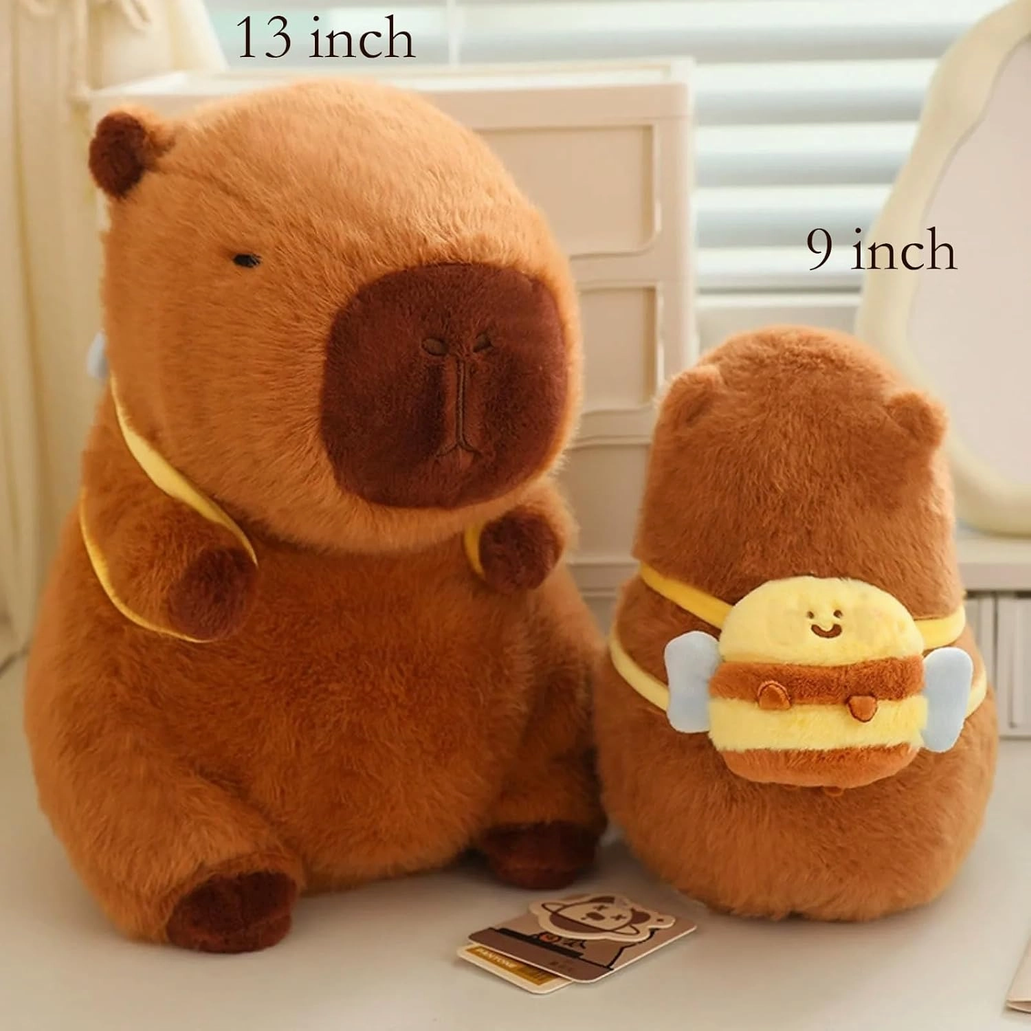 Capybara Plush with Bee Backpack 9 inch Cute Capibara Stuffed Animal Ultra Soft Plushies Toys Kawaii Gifts for Kids Brown