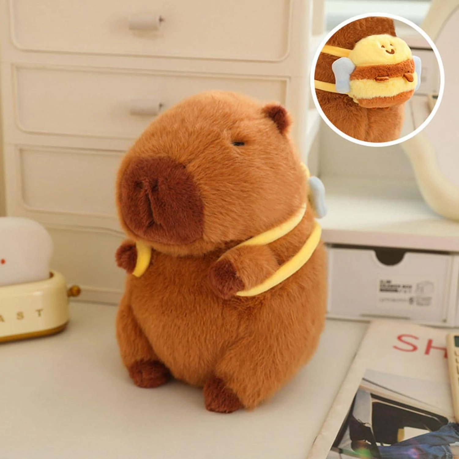 Capybara Plush with Bee Backpack 9 inch Cute Capibara Stuffed Animal Ultra Soft Plushies Toys Kawaii Gifts for Kids Brown