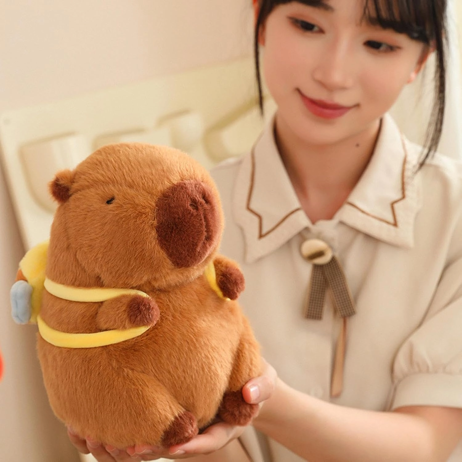 Capybara Plush with Bee Backpack 9 inch Cute Capibara Stuffed Animal Ultra Soft Plushies Toys Kawaii Gifts for Kids Brown