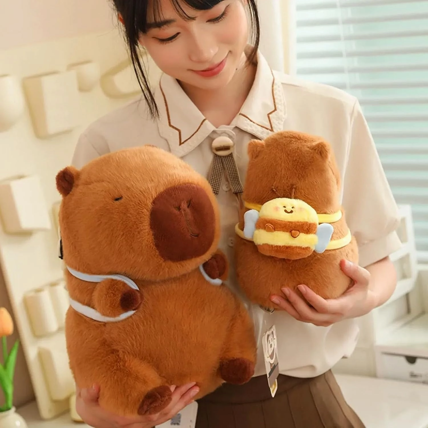Capybara Plush with Bee Backpack 9 inch Cute Capibara Stuffed Animal Ultra Soft Plushies Toys Kawaii Gifts for Kids Brown